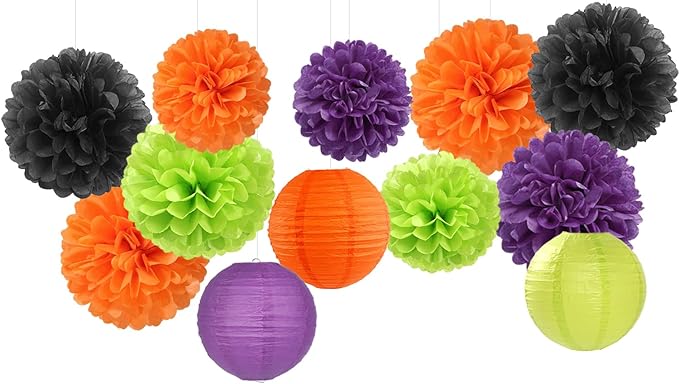 Black-Orange Purple Green Halloween Party-Decorations - 15PCS Paper Flowers Lanterns Tissue Pom Poms Streamers,Vintage Birthday Baby Shower Bachelorette Wedding Bathroom Hanging Supplies Decor Hugfond-Ruum Studio Home