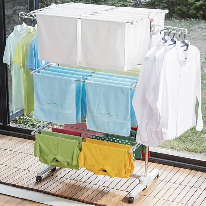 Foldable Laundry Drying Rack with Wheels - 48 Drying Rods, Heavy Duty, Movable, Perfect for Clothes, Duvet, Socks, Bed Linen, Sheets, 6 Wings-Ruum Studio Home