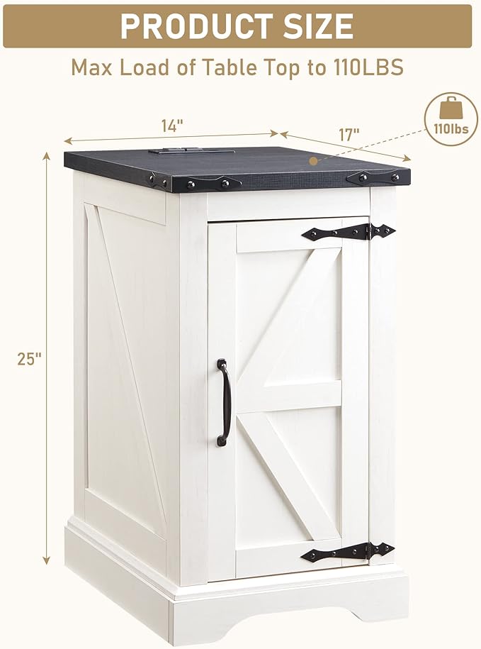 JXQTLINGMU Nightstand with Charging Station, Rectangular Farmhouse End Table with Barn Door and Adjustable Storage Shelf, 17" Deep Wood Rustic Sofa Side Table for Living Room, Bedroom, White-Ruum Studio Home