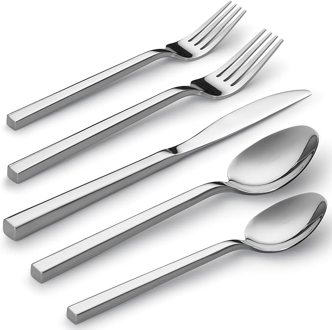Alata Cube 40-Piece Forged Stainless Steel Flatware Set Cutlery Set, Silverware Set Service for 8, Mirror Finish, Dishwasher Safe-Ruum Studio Home