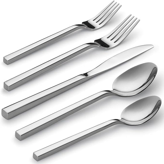 Alata Cube 40-Piece Forged Stainless Steel Flatware Set Cutlery Set, Silverware Set Service for 8, Mirror Finish, Dishwasher Safe-Ruum Studio Home