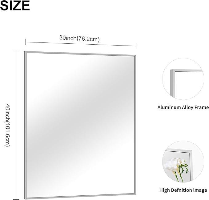 30x40In Silver Bathroom Mirror for Wall, Brushed Nickel Rectangle Mirrors with Metal Frame, Bathroom Rectangular Mirror Modern Wall Mirror for Bedroom Living Room, Hangs Horizontal or Vertical-Ruum Studio Home