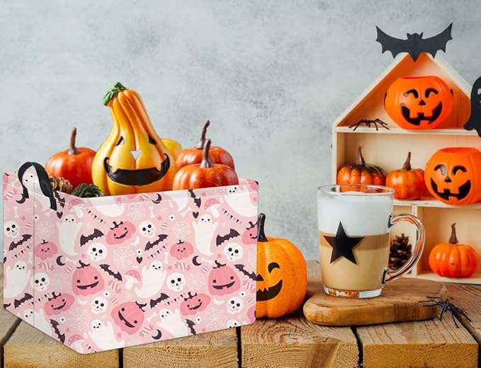 HIYAGON Rectangular Halloween Basket for Boys and Girls Kids Trick or Treat Pumpkin Basket for Halloween Parties Cute Storage Bin Organizer Box Room Decor(Pink ghost pumpkin)-Ruum Studio Home
