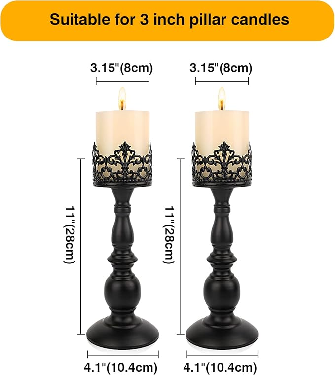 Candle Holders for Pillar Candles Gothic Matte Black Vintage Tall Candle Holders Set of 2 Decorative Large Table Centerpieces Candle Stand Decor (Black 2PCS A)-Ruum Studio Home