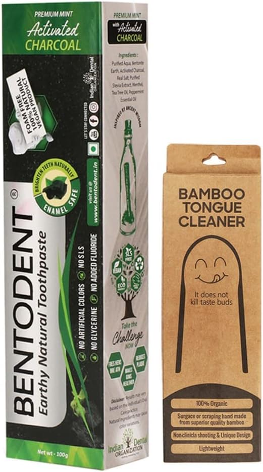 BENTODENT Teeth Whitening Bentonite Clay & Activated Organic Charcoal Toothpaste & Scraper - Detox,Tea Tree, Fluoride Free Adult, Vegan, Travel 3.52 oz-Ruum Studio Home