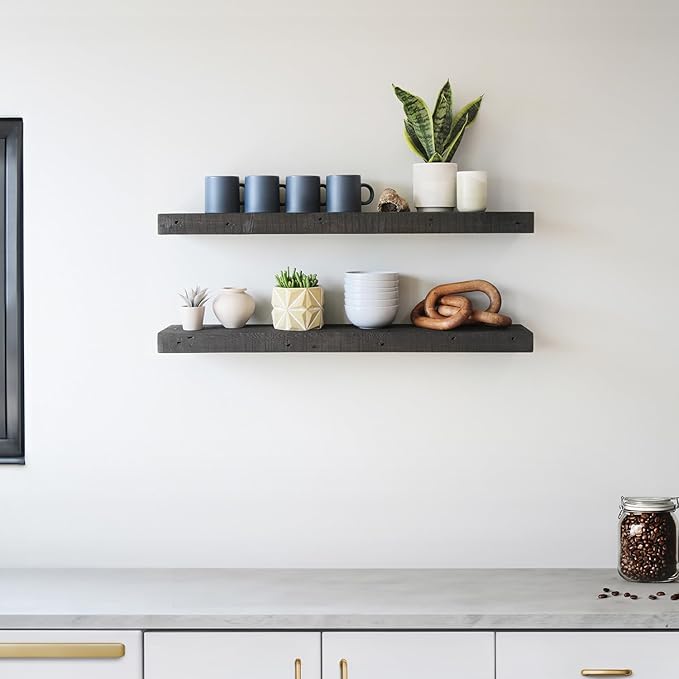 Urban Legacy Reclaimed Barnwood Planks | Floating Shelves for Wall w/Flush Mount Shelf Bracket Set Included | Set of 2 (Coffee Bean, 36"x 7"x 2")-Ruum Studio Home