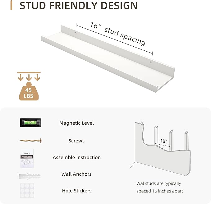 Picture Ledge Shelf, Wood Floating Shelves Set of 4, 24 inch Picture Ledge Shelves, Photo Ledge Nursery Book Shelves Wall Mounted for Living Room Kids' Room Bedroom, Color White-Ruum Studio Home