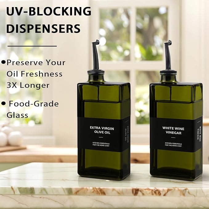 Olive Oil Dispenser Bottle for Kitchen 16.9oz, UV-Blocking Oil and Vinegar Dispenser Set, Soy Sauce Dispenser, Space Saving Design for Countertop (Green, 2pcs)-Ruum Studio Home