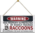 Funny Warning Signs, The Property is Protected By Highly Trained Raccoons Sign, Decorative Wood Hanging Wood Plaque, Raccoon Wall Decor, Backyard Decor, Home Garden Decor for Indoor Outdoor Use-Ruum Studio Home