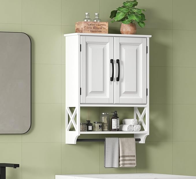 Bathroom Cabinet Wall Mounted, White Bathroom Wall Cabinets with Towel Bar and 2 Doors, Wooden Medicine Cabinet with Adjustable Shelf, Open Storage-Ruum Studio Home