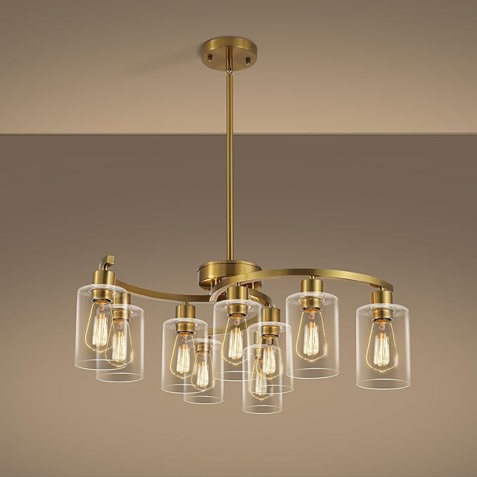 9-Light Gold Glass Chandelier, Adjustable Height Dining Room Light Fixtures Over Table, Contemporary Hanging Chandelier for Kitchen Island Living Room Foyer Office, Clear Glass Shade-Ruum Studio Home