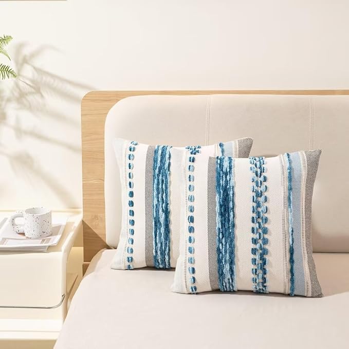 Boho Throw Pillow Covers 18x18 Set of 2 Farmhouse Decorative Cushion Case Striped Square Pillows Cover Chenille Pillow Cases Accent Neutral Pillowcase for Sofa Couch Bed,Sky Blue-Ruum Studio Home