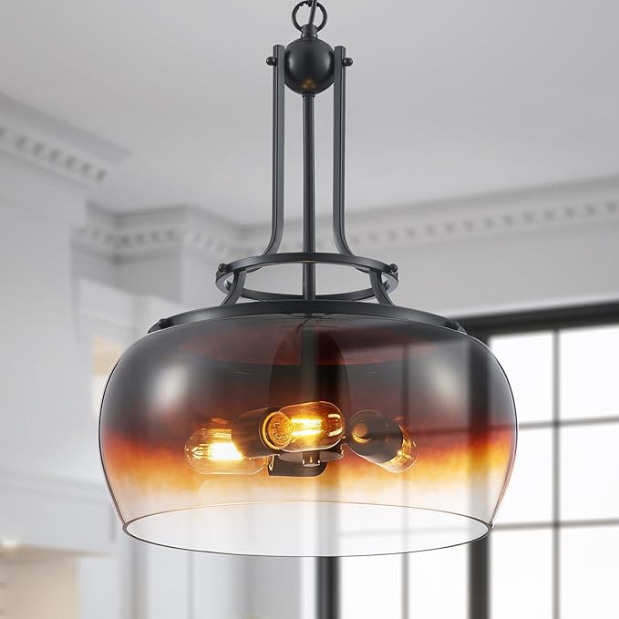 WUZUPS Chandelier Rustic Farmhouse Industrial Round Ceiling Pendant LED Light Fixture with Amber Gradient Black Glass Shade for Dining Room Kitchen Island Foyer Entryway, H 20.9" W 15.9", E26 Base-Ruum Studio Home