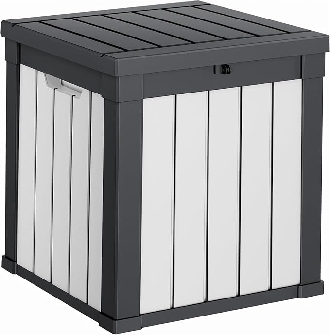 40 Gallon Resin Deck Box, Lockable Patio Outdoor Storage Box for Furniture, Garden Tools and Tools Storage, Waterproof Outside Storage Boxes - Black&White-Ruum Studio Home