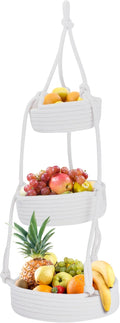 REGAL TRUNK Hanging Fruit Baskets for Kitchen - 3 tiers Fruit Baskets Hanger - Macrame Fruit Hammock - White Boho Wall Decor - Produce and Vegetable Tiered Storage Holder - 3x10x27.5 in-Ruum Studio Home