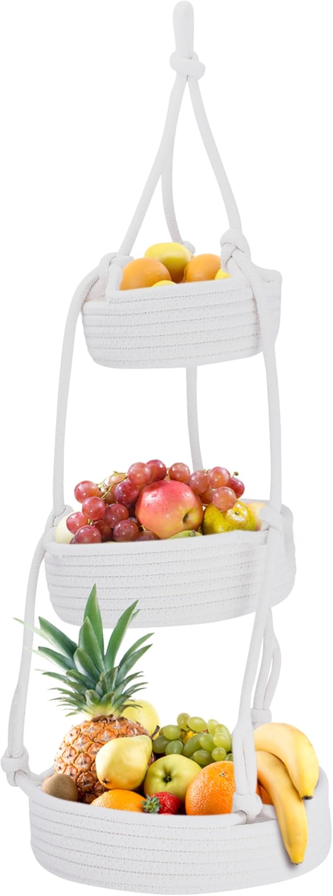 REGAL TRUNK Hanging Fruit Baskets for Kitchen - 3 tiers Fruit Baskets Hanger - Macrame Fruit Hammock - White Boho Wall Decor - Produce and Vegetable Tiered Storage Holder - 3x10x27.5 in-Ruum Studio Home