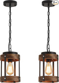 2 Pack Rustic Farmhouse Wood Pendant Light Fixture One-Light Adjustable Chain Oak Wood and Metal Drum Cage Small Pendant Lighting for Kitchen Island Sink Hallway Farmhouse Bathroom Bar, Black-Ruum Studio Home