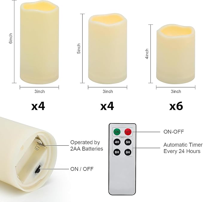 Aignis 14pcs Flameless LED Candles Battery Operated with Remote Timer, Outdoor Indoor Waterproof, Warm Glow for Cozy & Romantic Home/Wedding/Holiday Décor (D 3'' x H 4''/5''/6'')-Ruum Studio Home