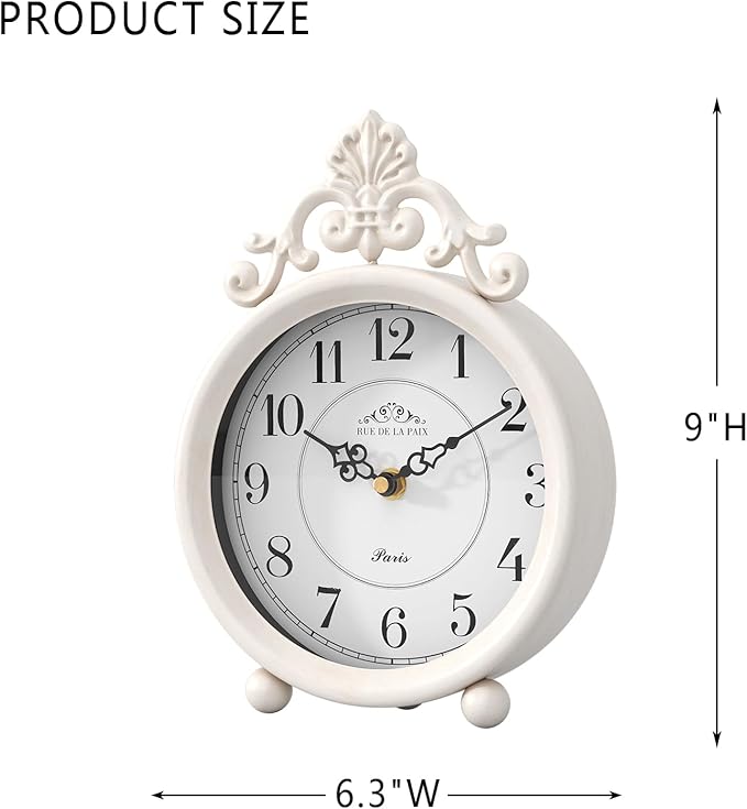 Vintage White Table Clock, Desk and Shelf Mantel Clock, French Rustic Antique Style Decor Clocks, for Farmhouse, Bedroom, Living Room, Bedside, Gift (9" H x 6.3" W)-Ruum Studio Home