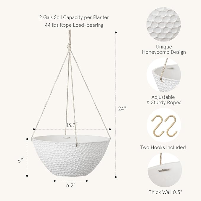 LA JOLIE MUSE Hanging Planters for Outdoor Plants, Large Hanging Planter with Drain Holes, Outdoor Hanging Flower Pots, White Stone, Honeycomb (13.2 Inch, Set of 2)-Ruum Studio Home