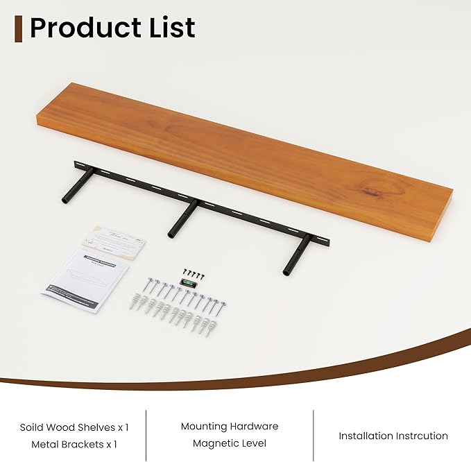 Light Brown Wooden Floating Wall Shelves 48 Inches Long x 8”x 1.4” Shelf Floating Rustic Farmhouse Decor, Heavy Duty Shelf Hold 100 lbs, Wall Shelves for Bathroom Living Room Kitchen Bedroom Office-Ruum Studio Home