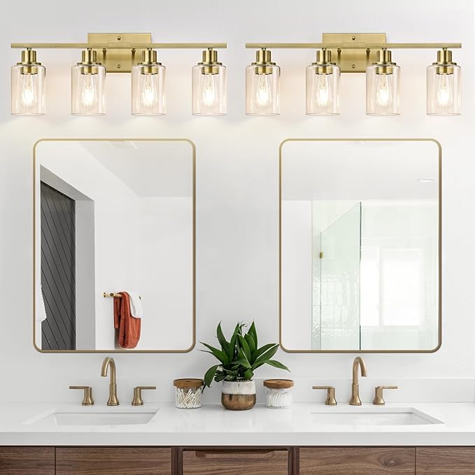 4 Light Bathroom Light Fixtures, Brass Vanity Lights for Bathroom with Clear Glass Shades, Modern Bathroom Wall Sconces for Mirror Living Room Cabinet-Ruum Studio Home