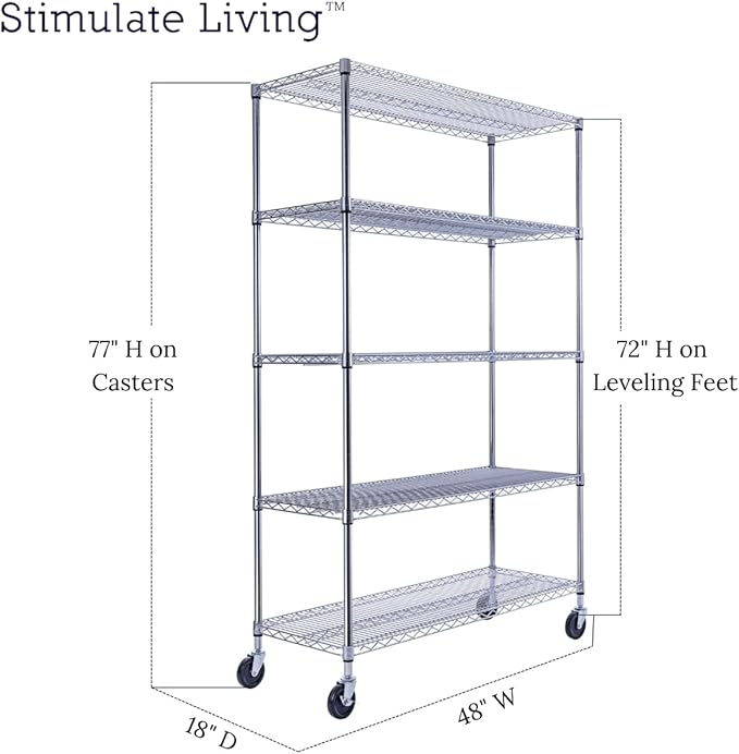 48"x18"x72" PRIME HEAVY DUTY Chrome 5-Tier Wire Shelving NSF 4000 LBS MAX Capacity Storage Rack for Commercial, School, Home, Garage, Warehouse, Industrial, and Hospital Uses (with Wheels)-Ruum Studio Home