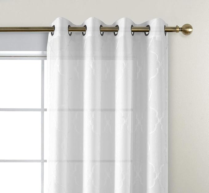 MIUCO Moroccan Embroidered Semi Sheer Curtains Faux Linen Grommet Window Curtains for Bedroom Living Room 84 Inches Long 2 Panels, Pure White-Ruum Studio Home