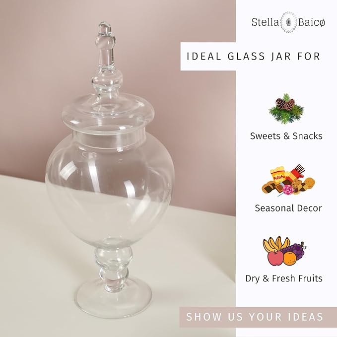Large Glass Apothecary Jars with Lid, Clear Glass Candy Jar for Candy Buffet, Decorative Glass Jar for Party, Wedding and Home Decor, Elegant Glass Candy Canister (Height: 15", Diameter: 6.3")-Ruum Studio Home