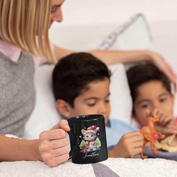 Cute Christmas Cat Cup, Customized Animal Coffee Mug, Gift For Birthday, Personalized Animal Lover Black Cup 11oz 15oz, Custom Xmas Cat Design Mug For Girl-Ruum Studio Home
