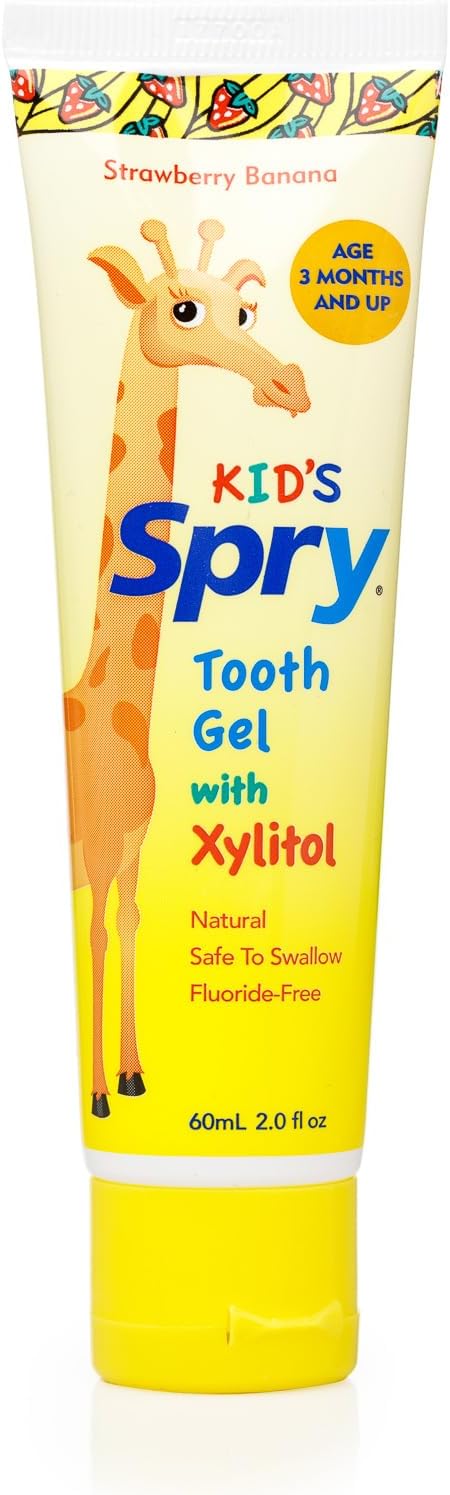 Spry Natural Xylitol Toothpaste for Baby, Toddler and Kids Age 3 Months and Up - Fluoride Free Tooth Gel, Tasty, Support Development of Emerging Teeth, Strawberry Banana 2 Fl Oz (Pack of 4)-Ruum Studio Home