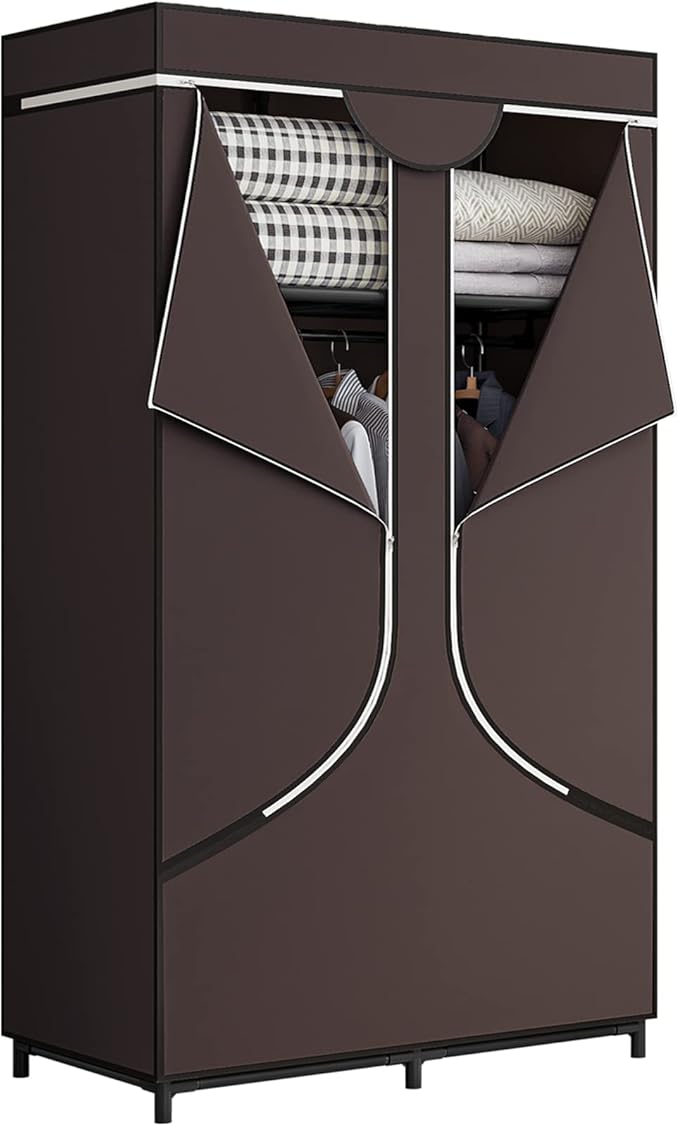 SORCEDAS Portable Wardrobe Closet Storage Organizer Metal Hanging Rack Non-Woven Fabric 34 Inch Coffee (34 Inch, Coffee)-Ruum Studio Home