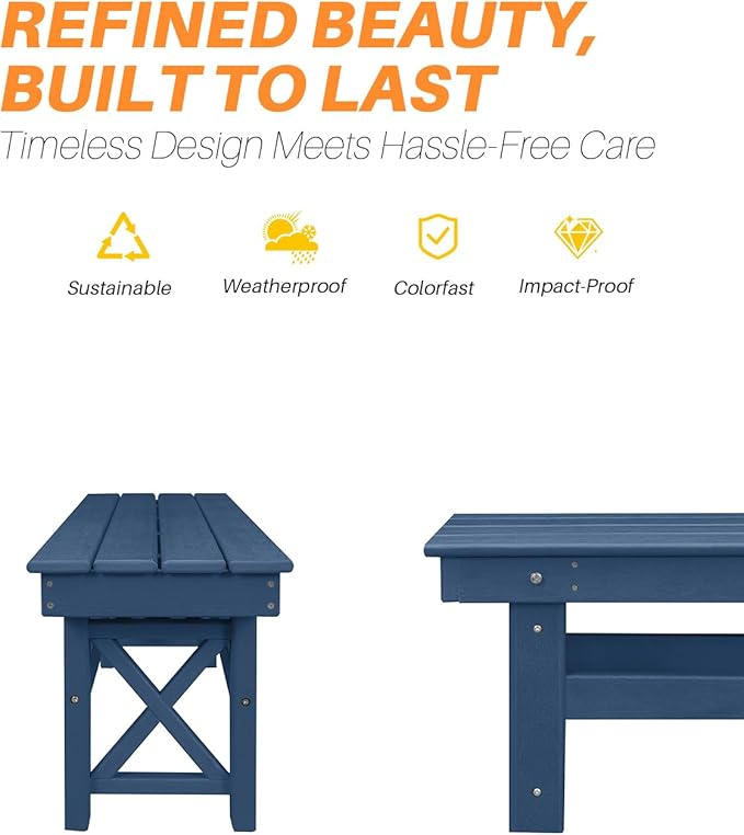 HDPE Outdoor Bench, 55" Patio Bench Outdoor Furniture, Poly Lumber Adirondack Benches, All Weather HDPE Garden Backless Benches for Park, Poolside, Deck, Porch, Navy-Ruum Studio Home