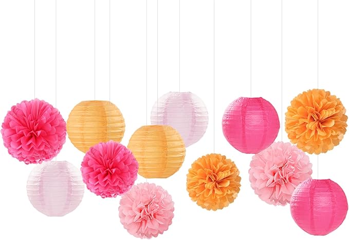Pink-Orange Party-Decorations Paper-Flowers Lanterns - 15PCS Fall Wedding Birthday Tissue Pom Poms Streamers, Boho Baby Bridal Shower Graduation Sunset Hanging Supplies Decor Hugfond-Ruum Studio Home
