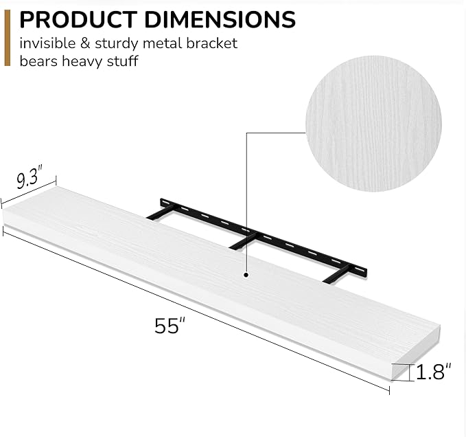 Fun Memories 55 Inch Floating Shelves - 9 Inch Deep Rustic Wooden Wall Shelves - Extra Deeper & Thicker Wall Mounted Storage Shelf for Living Room, Kitchen, Farmhouse - 55" W x 9" D x 1.8" H - White-Ruum Studio Home