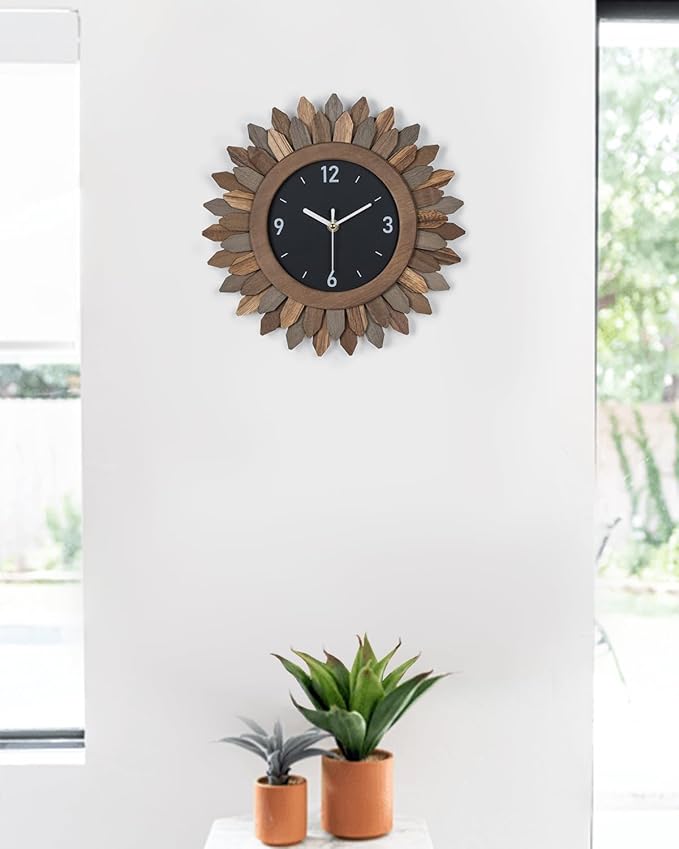 Honiway Wall Clock Battery Operated 12 in Rustic Wood Boho Sunburst Decorative Wall Clock Silent Non Ticking Farmhouse Small Wall Clocks for Living Room Kitchen Bathroom Bedroom Decor (Tricolor)-Ruum Studio Home