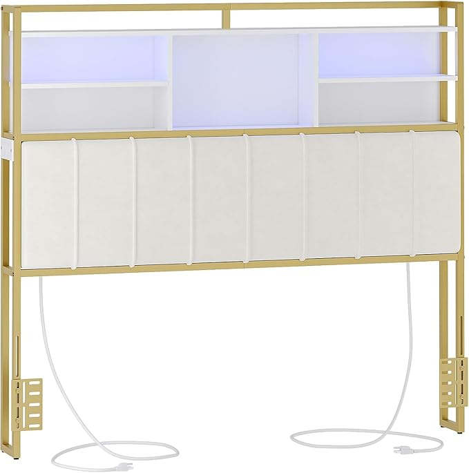 Headboard with 3-Tier Storage Shelves, Velvet Upholstered Head Board with 2 Outlets, USB Ports & LED Light, Soft Backrest for Queen Size Bed, White and Gold BH15203AV1-Ruum Studio Home