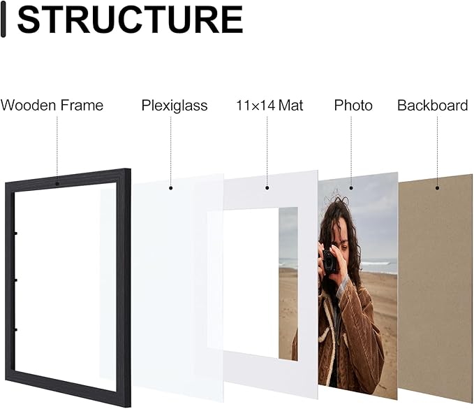 Vittanly 12x16 Picture Frames Set of 9, Shatter Resistant Plexiglass, Display 11x14 Pictures with Mat or 12x16 without Mat, Photo Frames for Wall Mount, Engineered Wood, Black-Ruum Studio Home