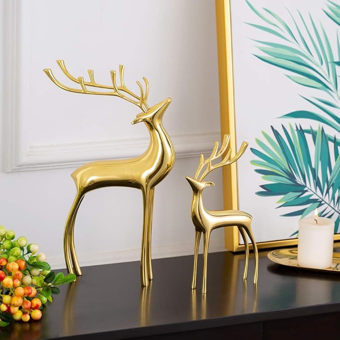 Sziqiqi Reindeer Figurine Statues Deluxe Set of 2, Christmas Deer Pure Copper Heavy Reindeer Ornaments for Home Decor Accents Living Room Office Bookself Tabletop Mantle Christmas Decoration, Gold-Ruum Studio Home