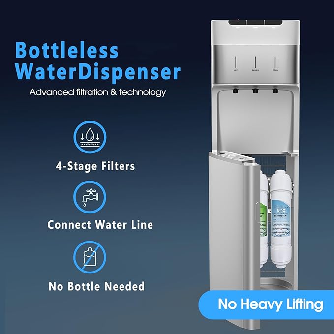 Self Cleaning Bottleless Water Cooler Dispenser with 4 Stage Water Filter 3 Temperature Settings Silver-Ruum Studio Home