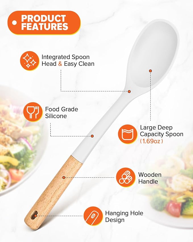 Silicone Cooking Spoons, Great for Scooping Sides and Serving Hearty Stews, BPA-Free Matte Silicone, Wooden Handle Serving Spoon for Nonstick Cooking Surfaces (White)-Ruum Studio Home