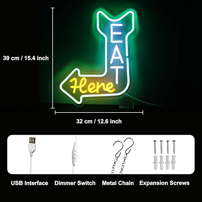 Eat Here Neon Sign Kitchen Neon Signs for Wall Decor with Arrow Guidance Green Orange White Eat Dimmable LED Sign Diner Neon Signs for Wall Bar Restaurant Kitchen Man Cave Decor-Ruum Studio Home
