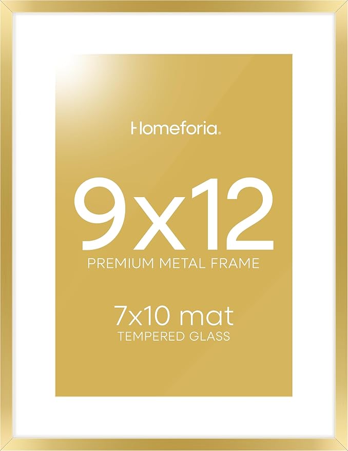 Homeforia 9x12 Gold Frame, High End Metal 9 x 12 Picture Frames with Mat 7 by 10 inch Photo, 9by12 Thin Poster Frame Matted to 7x10 Art, 12x9 Wall or Tabletop Frame, Tempered Glass, Wall Kit, Set of 1-Ruum Studio Home