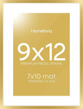 Homeforia 9x12 Gold Frame, High End Metal 9 x 12 Picture Frames with Mat 7 by 10 inch Photo, 9by12 Thin Poster Frame Matted to 7x10 Art, 12x9 Wall or Tabletop Frame, Tempered Glass, Wall Kit, Set of 1-Ruum Studio Home