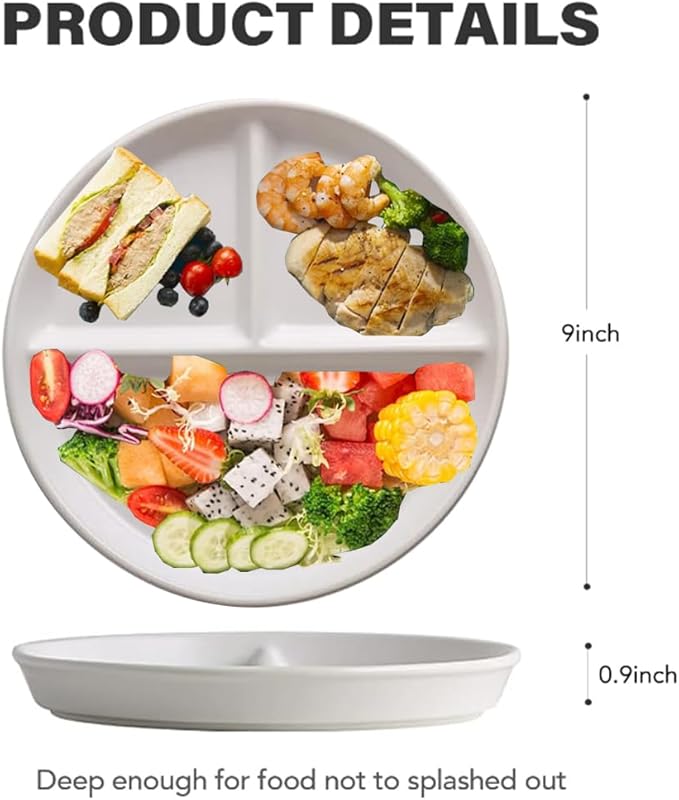9" Unbreakable Divided Plates Set of 5, Wheat Straw Plate Reusable Dinnerware Portion Control Plates, Round Bariatric Plastic Plate for Kids Adults, BPA-free, Dishwasher Safe-Ruum Studio Home