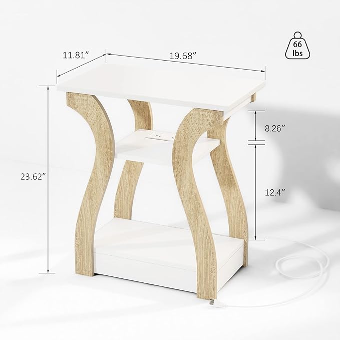 End Table with Charging Station, Side Table with USB Ports and Outlets, Nightstand, 3 Tier End Table with Storage Shelf for Living Room, Bedroom (White)-Ruum Studio Home