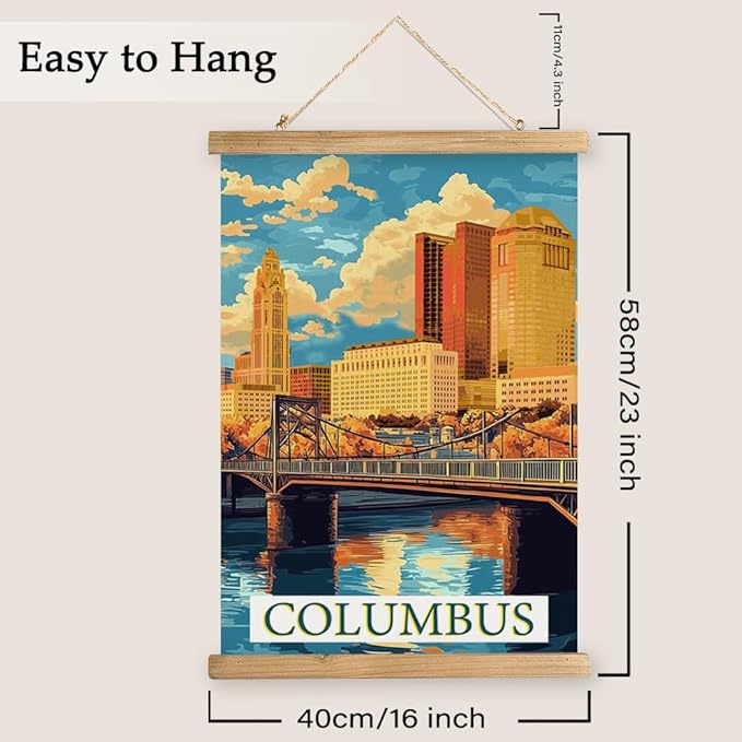 WREVERW Vintage Columbus Poster Canvas Print with Wooden Hanger Frame, Featuring Scioto River Bridge and Iconic LeVeque Tower, Wall Art for Home and Office Decor, 16x23 inches-Ruum Studio Home