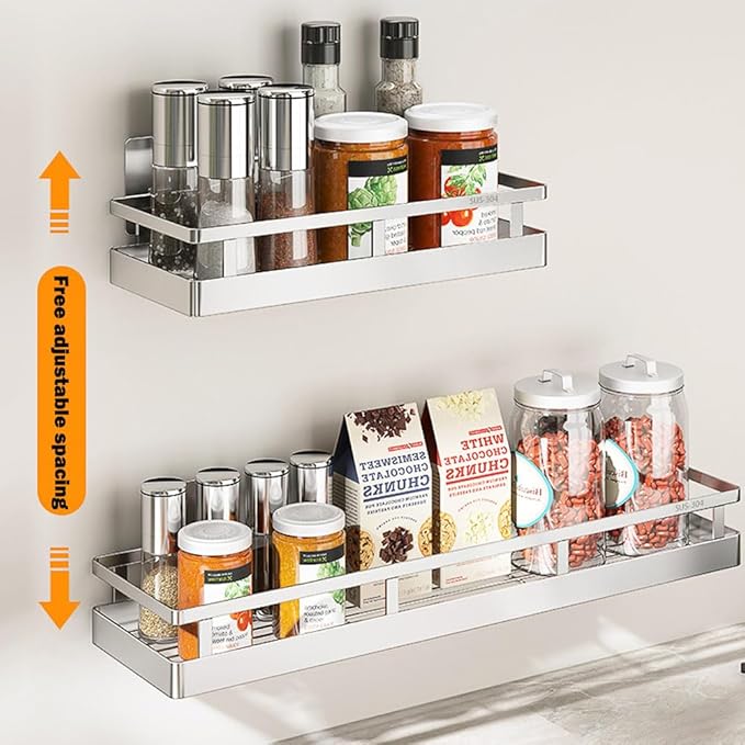 SUS304 Stainless steel Wall Mount Spice Rack Storage Basket - Seasoning Container, Kitchen Spice Organizer -Kitchen Seasoning Hanging Rack - Bathroom Shelf (Silver)-Ruum Studio Home
