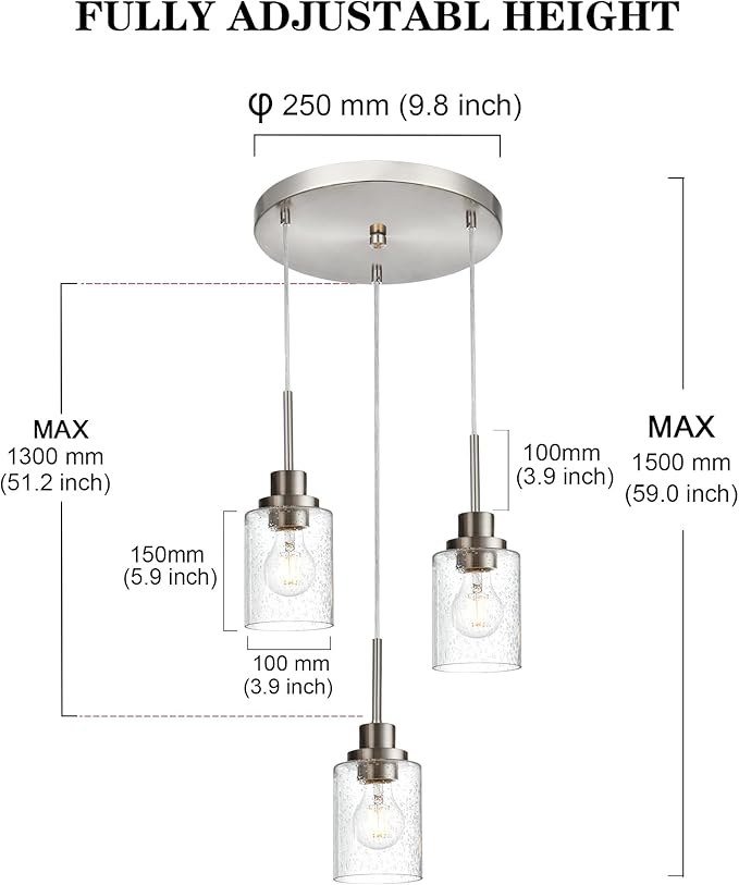 3-Light Contemporary Pendant Lighting with Clear Seeded Glass,Brushed Nickel Dining Room Chandelier Light Fixture Modern Kitchen Island Cluster Hanging Ceiling Pendant Lights for Sink Bar-Ruum Studio Home