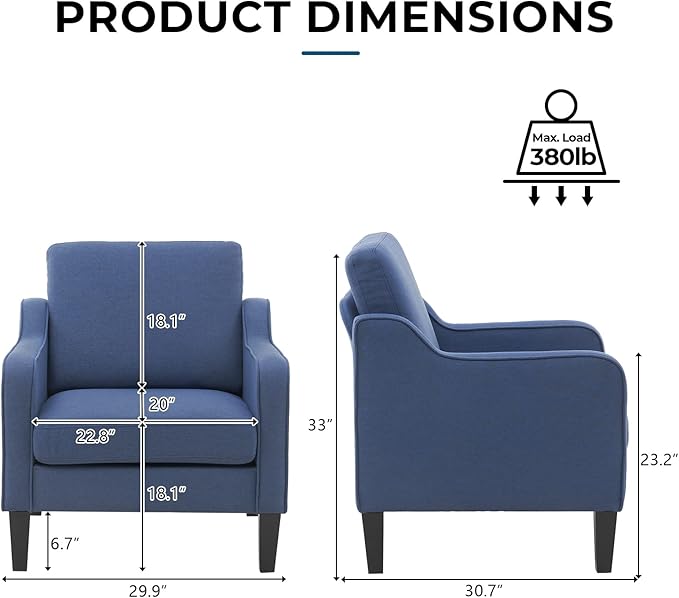 VINGLI Modern Accent Chairs Set of 2, Blue Living Room Chairs Comfy Armchair for Bedroom, Upholstered Sofa Chair Reading Chair for Small Spaces, Apartment, Waiting Room-Ruum Studio Home